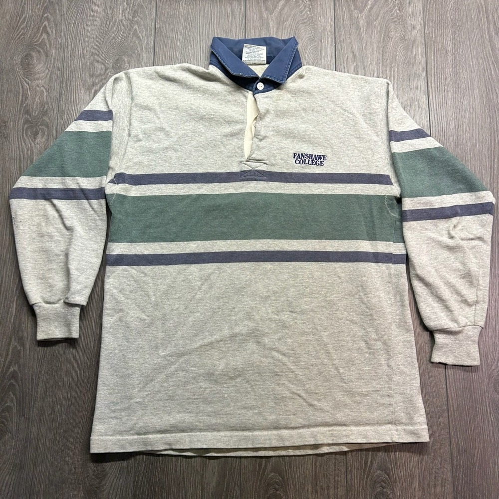 Vintage Barbarian Fanshawe College Rugby Shirt Mens XL Gray Striped 90s Canada